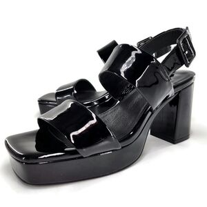 Jeffrey Campbell Mirinda Black Patent Leather Square Open-Toe Block Heel Sandals